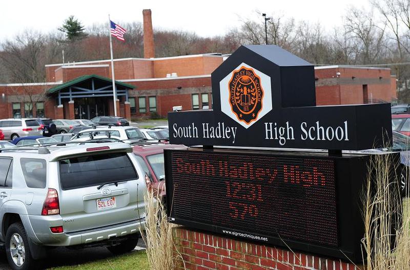 A sign stands outside South Hadley High School 